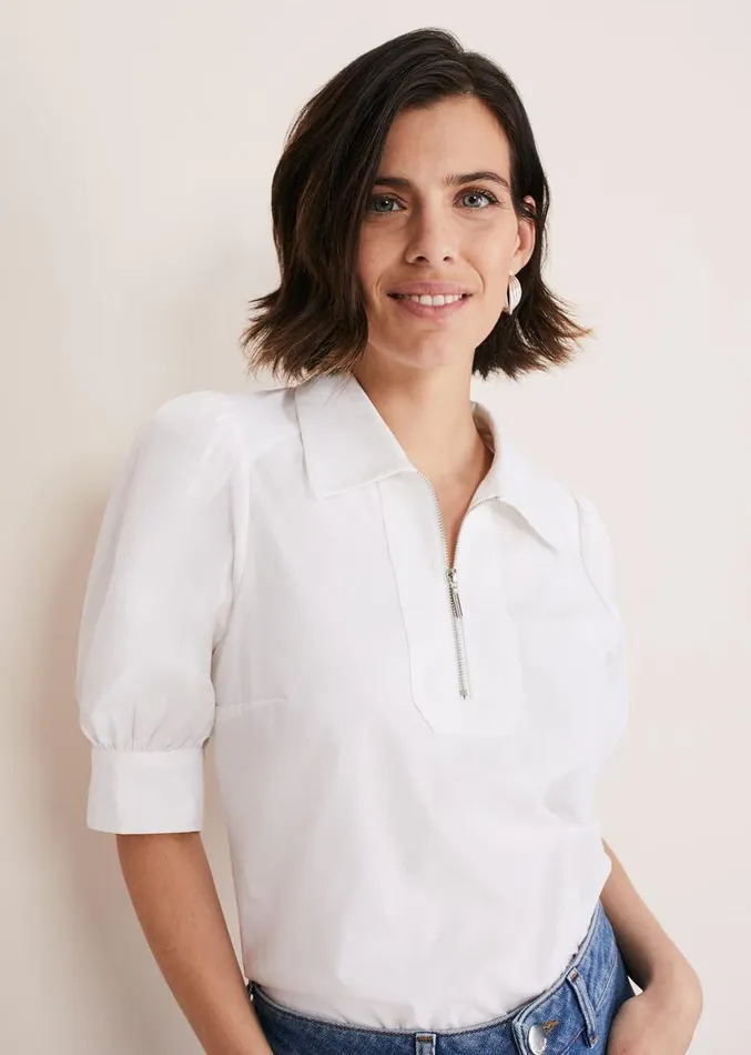 Alannah Puff Sleeve Zip Collar Blouse White Women Phase Eight Shirts and Blouses Alannah Puff Sleeve Zip Collar Blouse White Women Phase Eight Shirts and Blouses