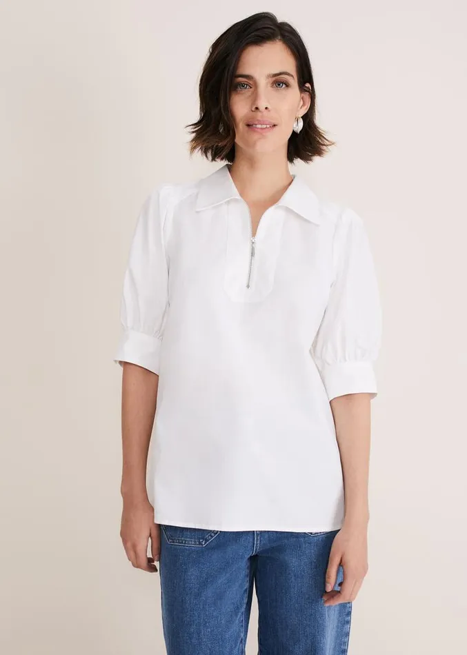 Alannah Puff Sleeve Zip Collar Blouse White Women Phase Eight Shirts and Blouses Alannah Puff Sleeve Zip Collar Blouse White Women Phase Eight Shirts and Blouses