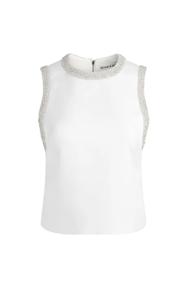 Alice Olivia Amal Embellished Tank Off White Women Tops