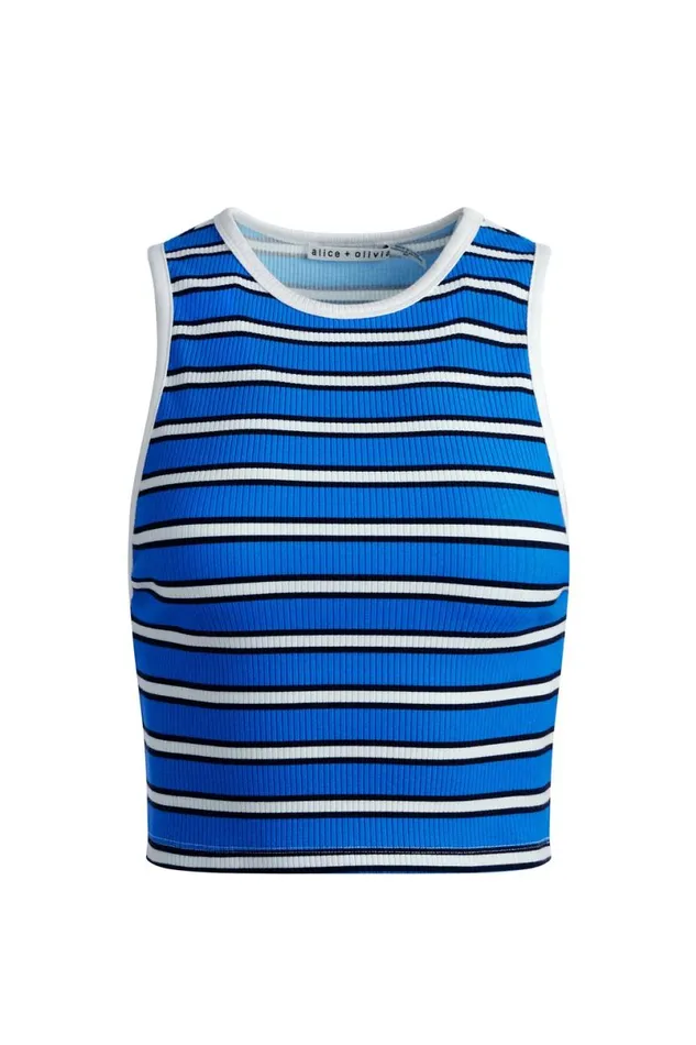Alice Olivia Andre Fitted Cropped Tank Teakwood Stripe French Blue Women Tops