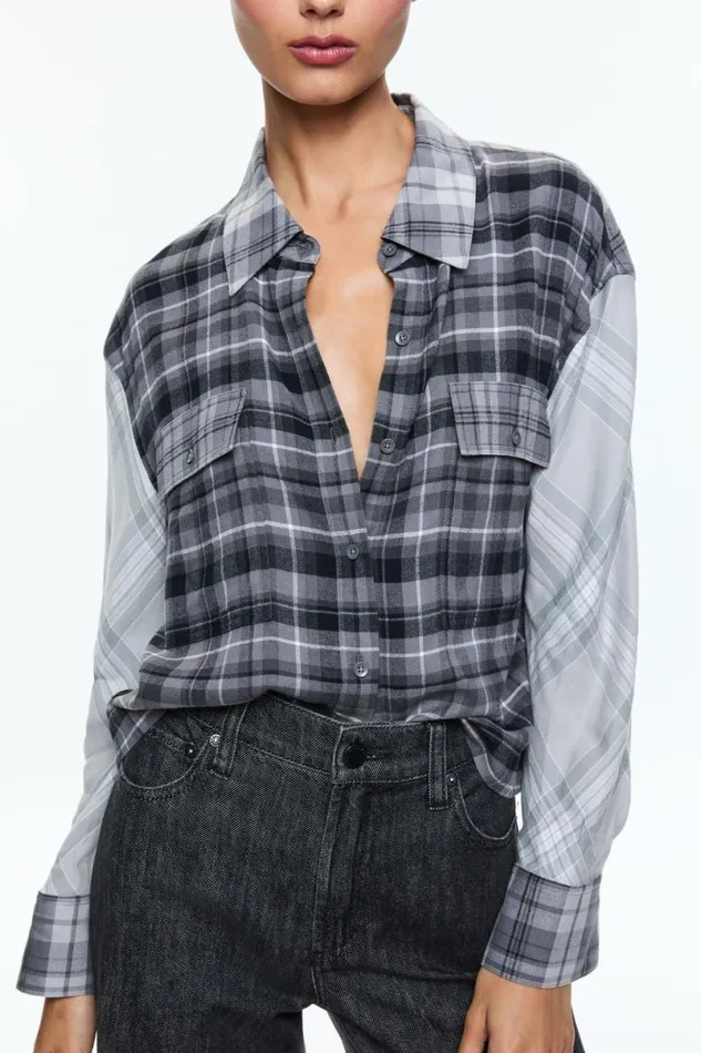 Alice Olivia Clifton Plaid Button Down Mixed Plaid Women Tops