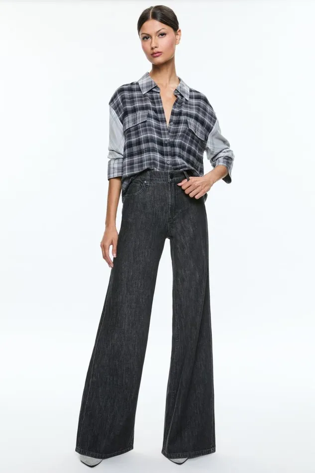 Alice Olivia Clifton Plaid Button Down Mixed Plaid Women Tops
