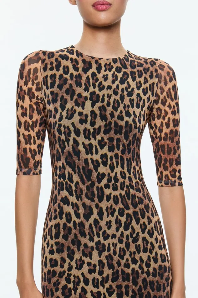Alice Olivia Delora Midi Dress Spotted Leopard Dark Tan Women Dresses