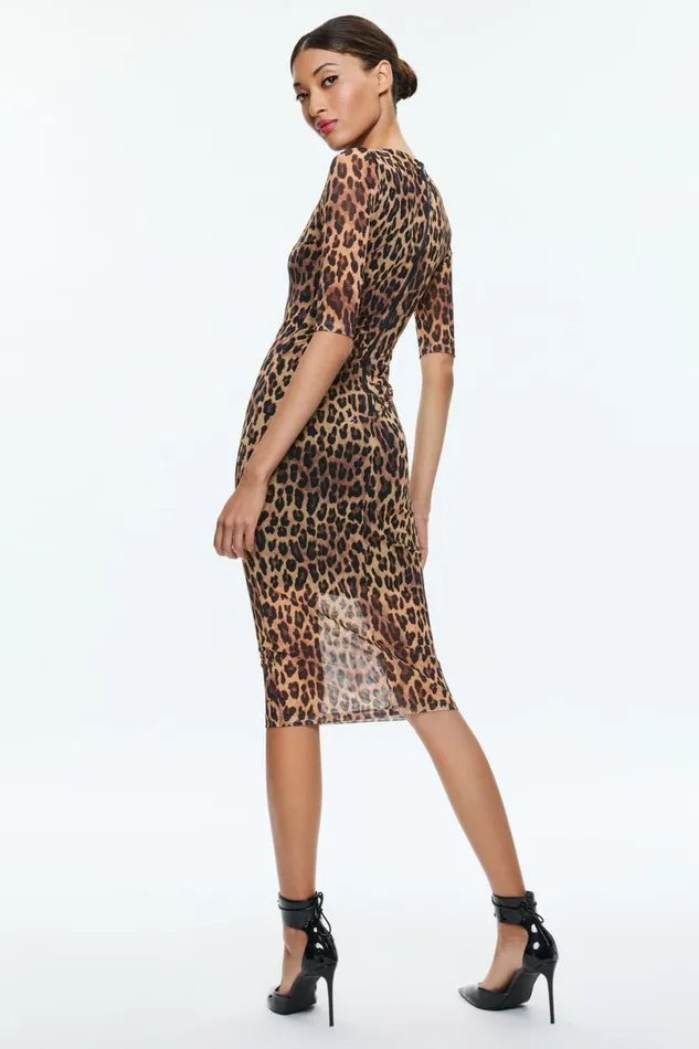 Alice Olivia Delora Midi Dress Spotted Leopard Dark Tan Women Dresses
