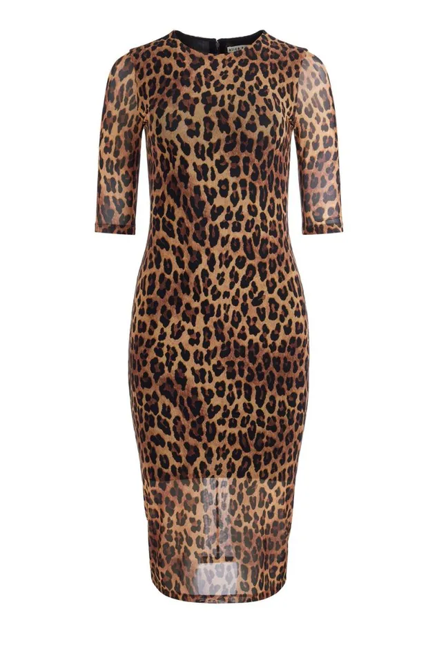 Alice Olivia Delora Midi Dress Spotted Leopard Dark Tan Women Dresses