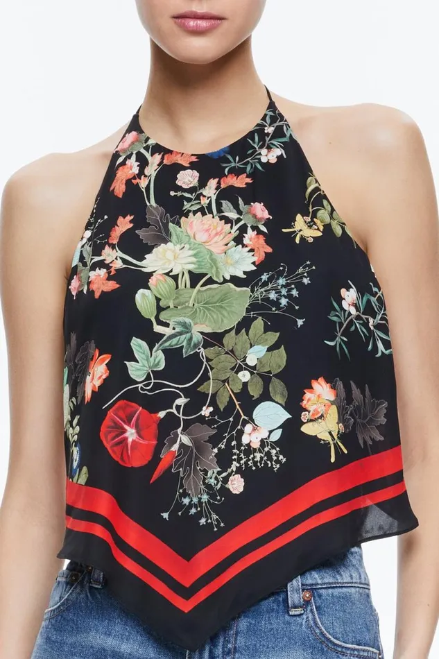 Alice Olivia Frenchie Handkerchief Halter Top Blush Kiss Black Women Tops