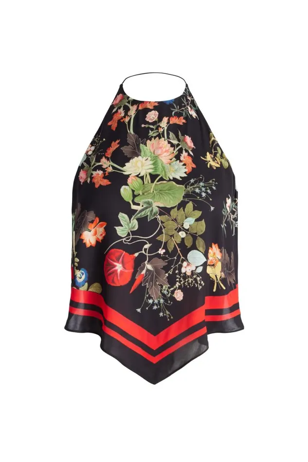 Alice Olivia Frenchie Handkerchief Halter Top Blush Kiss Black Women Tops