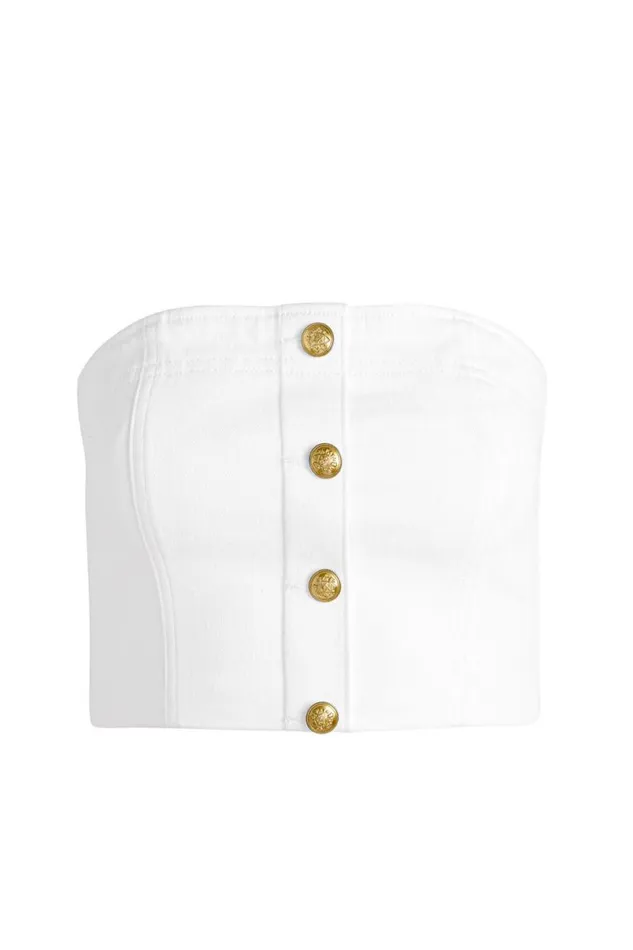 Alice Olivia Mel Denim Button Up Bustier Off White Women Tops