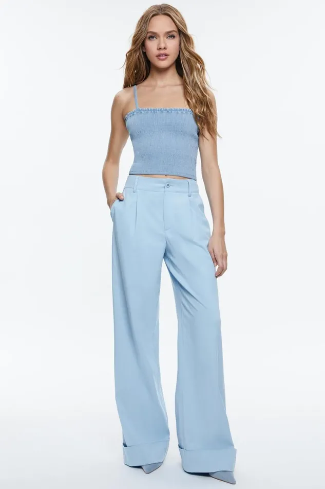 Alice Olivia Penelope Smocked Denim Top Leona Light Blue Women Tops