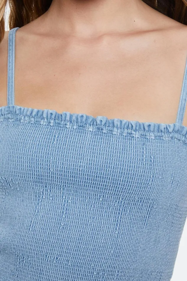 Alice Olivia Penelope Smocked Denim Top Leona Light Blue Women Tops