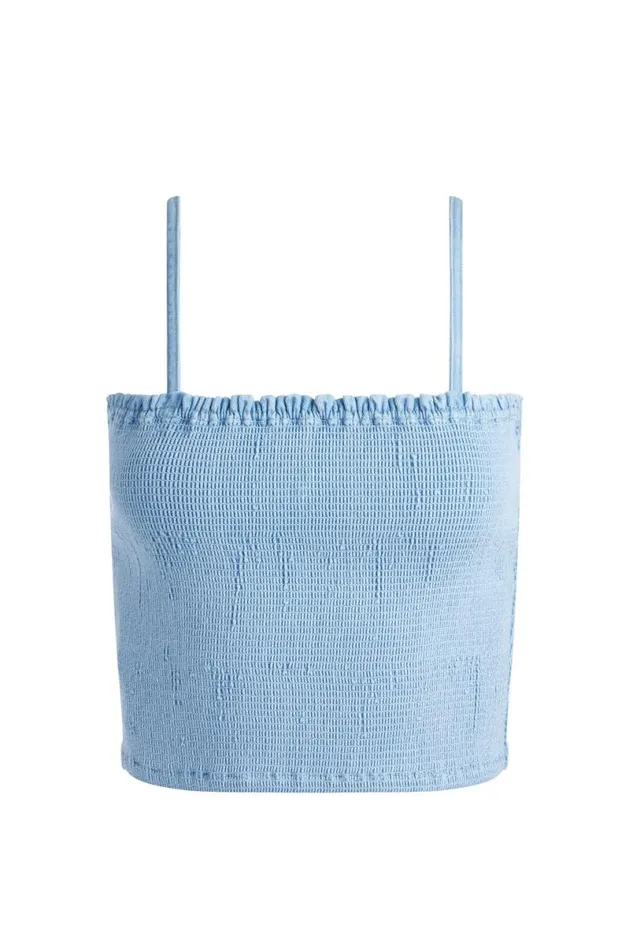Alice Olivia Penelope Smocked Denim Top Leona Light Blue Women Tops