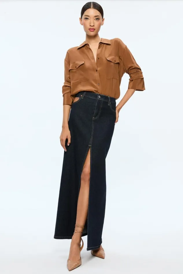Alice Olivia Rye High Rise Skirt With Vegan Combo Dark Rinse Women Skirts