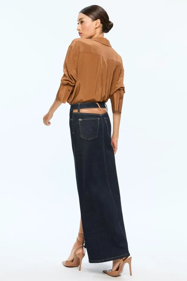 Alice Olivia Rye High Rise Skirt With Vegan Combo Dark Rinse Women Skirts