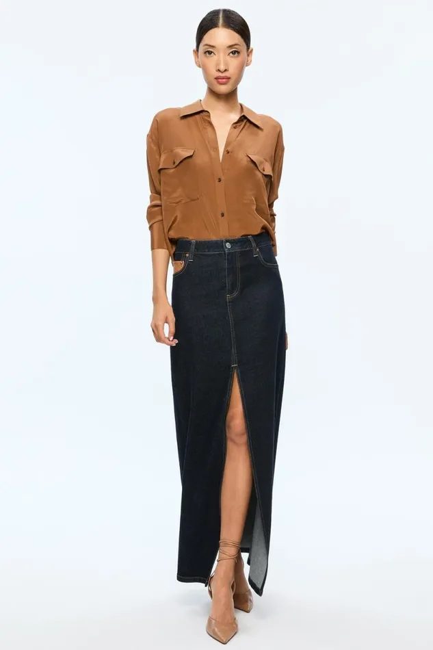 Alice Olivia Rye High Rise Skirt With Vegan Combo Dark Rinse Women Skirts