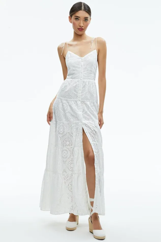 Alice Olivia Shantella Tiered Button Front Maxi Dress Off White Women Dresses