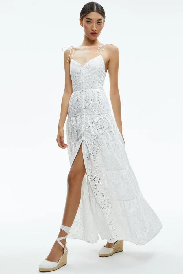 Alice Olivia Shantella Tiered Button Front Maxi Dress Off White Women Dresses