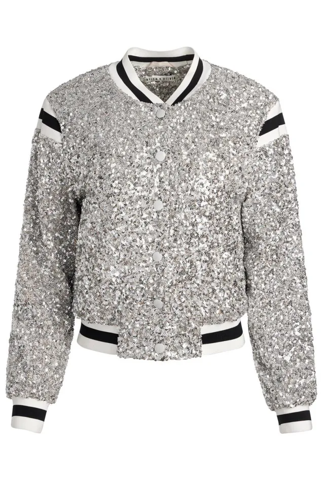 Alice Olivia The Beatles Keri Varsity Jacket Silverwhite Women Outerwear
