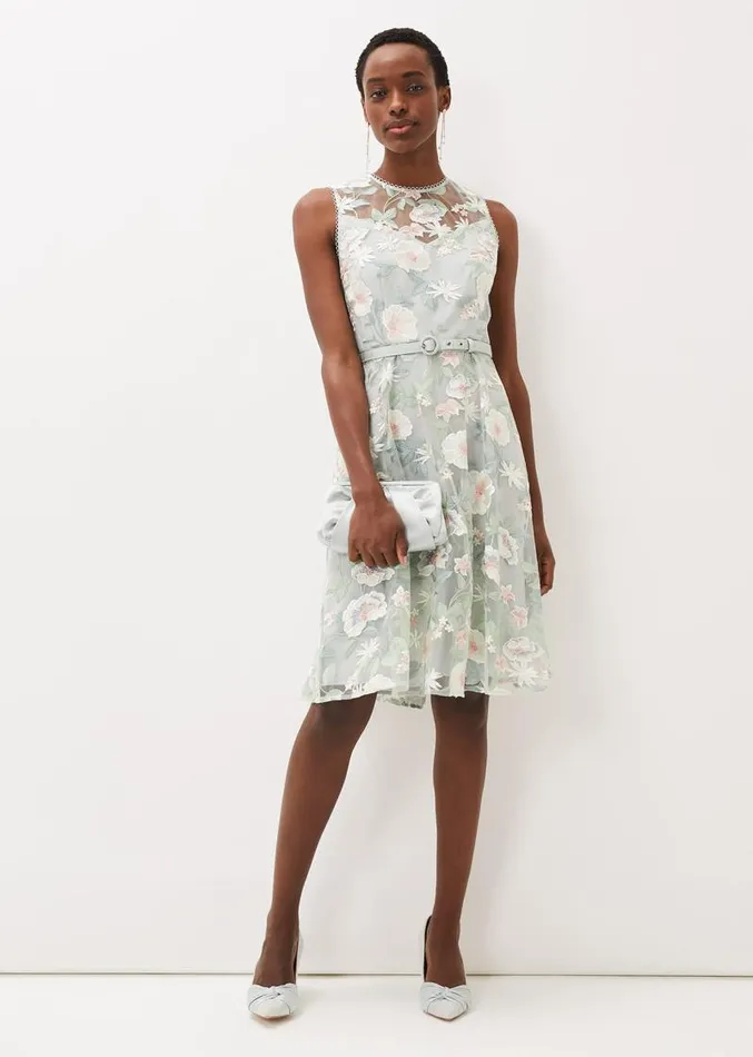 Aria Embroidered Fit And Flare Dress Eau De Nil Women Phase Eight Dresses