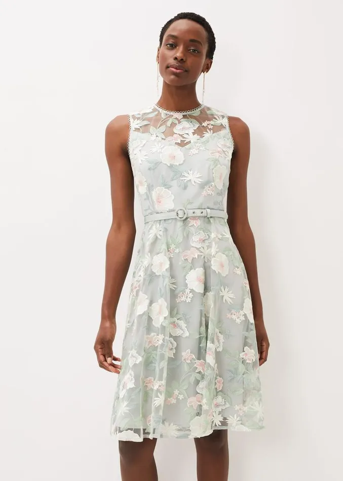 Aria Embroidered Fit And Flare Dress Eau De Nil Women Phase Eight Dresses