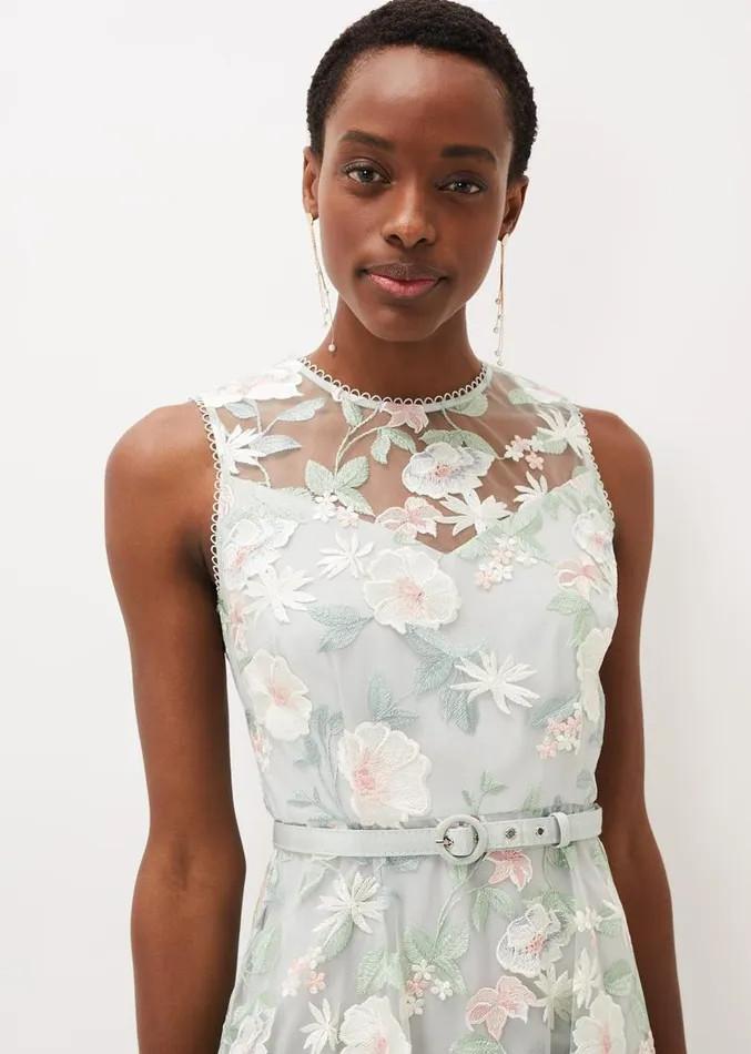Aria Embroidered Fit And Flare Dress Eau De Nil Women Phase Eight Dresses