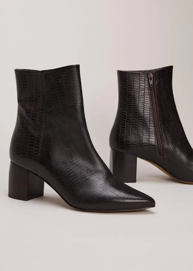 Black Leather Croc Print Ankle Boots Brown Women Phase Eight Boots