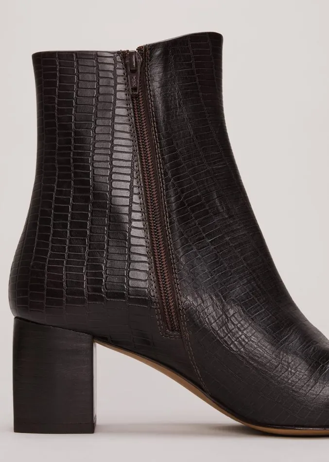 Black Leather Croc Print Ankle Boots Brown Women Phase Eight Boots