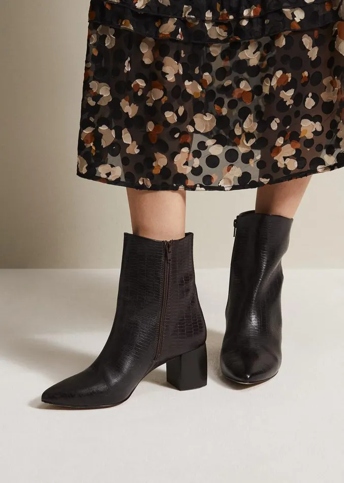 Black Leather Croc Print Ankle Boots Brown Women Phase Eight Boots