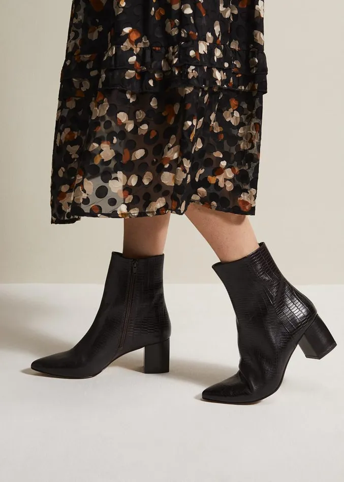 Black Leather Croc Print Ankle Boots Brown Women Phase Eight Boots