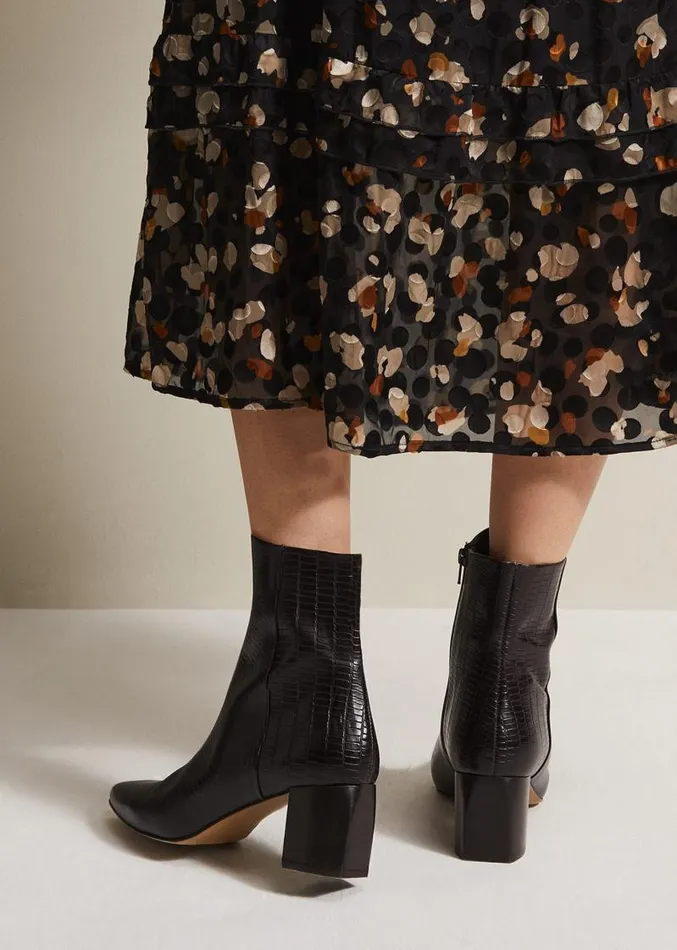 Black Leather Croc Print Ankle Boots Brown Women Phase Eight Boots