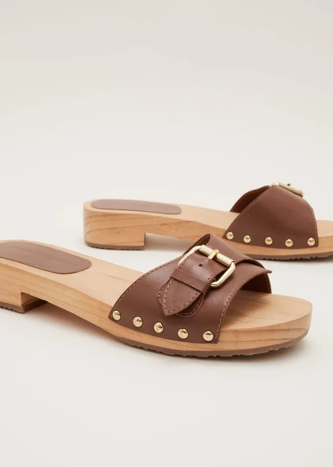Buckle Front Clog Sandal Tan Women Phase Eight Heels