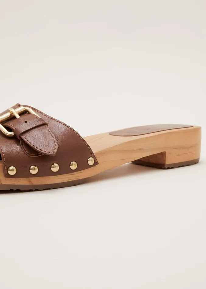 Buckle Front Clog Sandal Tan Women Phase Eight Heels