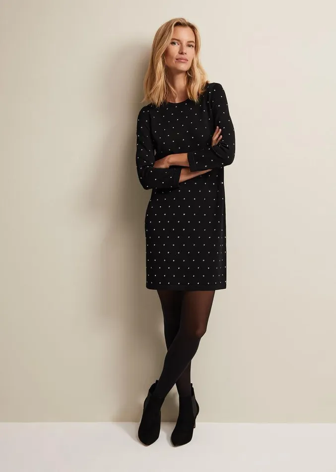 Catriona Stud Shift Knitted Mini Dress Black Women Phase Eight Dresses