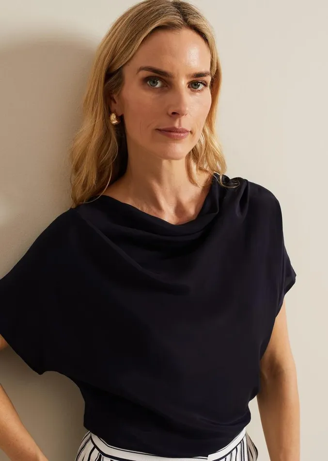 Cheryl Cowl Neck Woven Front Top Navy Women Phase Eight Tops and TShirts
