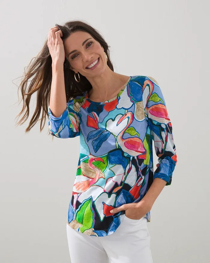Chico039s 34 Sleeve Tropical Print Slub Tee Wisteria Blue Women Tees