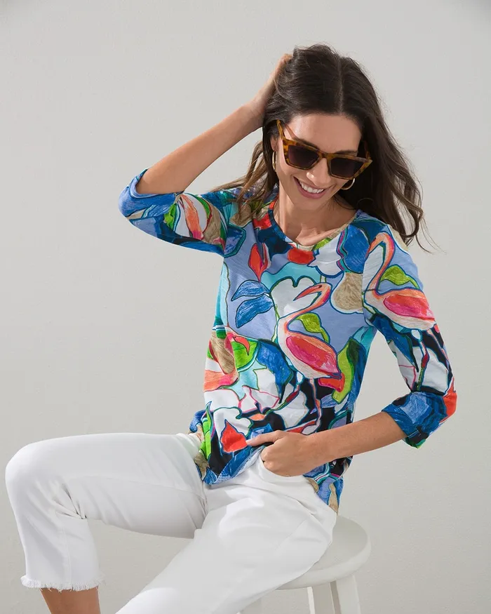Chico039s 34 Sleeve Tropical Print Slub Tee Wisteria Blue Women Tees