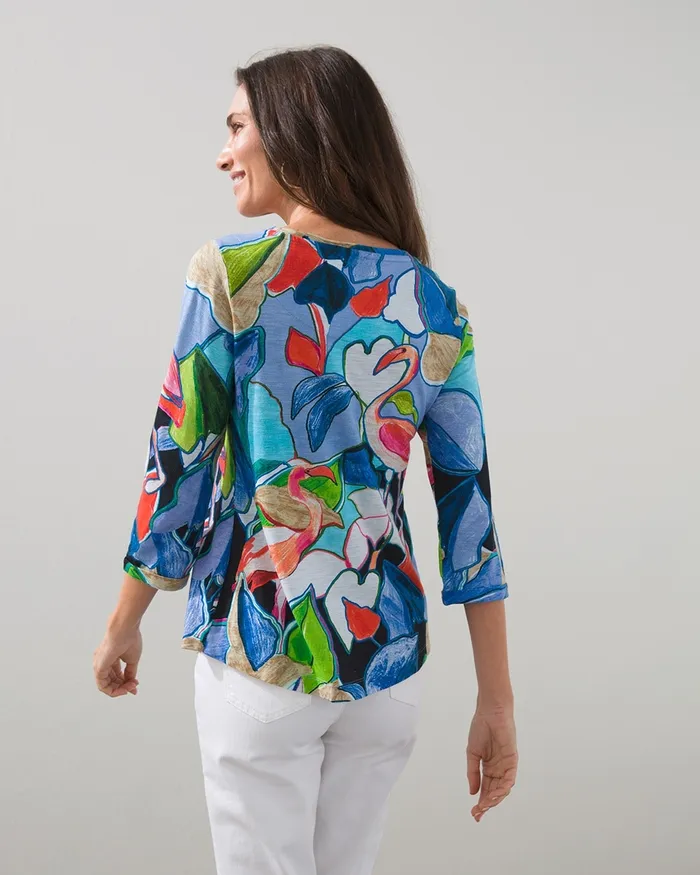 Chico039s 34 Sleeve Tropical Print Slub Tee Wisteria Blue Women Tees