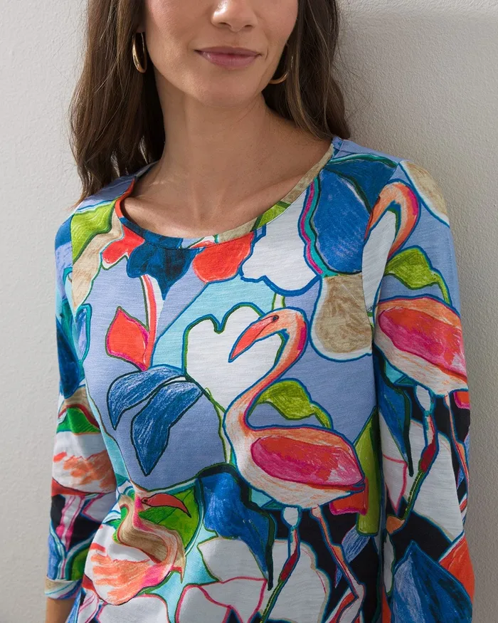 Chico039s 34 Sleeve Tropical Print Slub Tee Wisteria Blue Women Tees