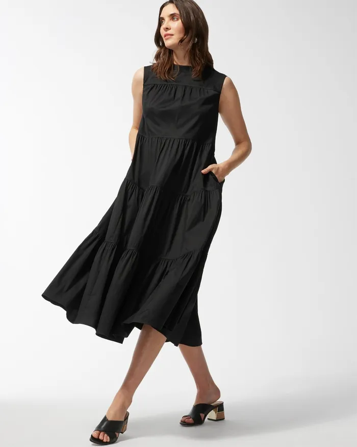 Chico039s Black Label Poplin Tiered Maxi Dress Black Women Dresses and Skirts