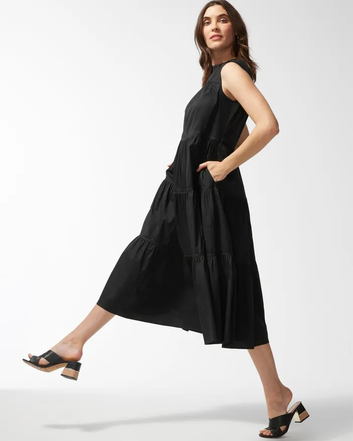 Chico039s Black Label Poplin Tiered Maxi Dress Black Women Dresses and Skirts