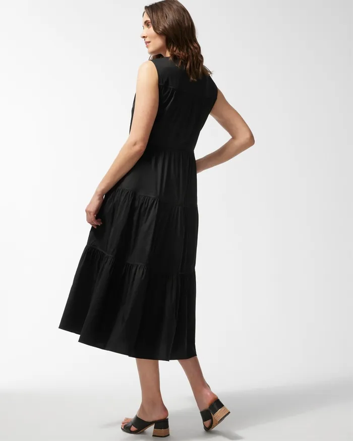 Chico039s Black Label Poplin Tiered Maxi Dress Black Women Dresses and Skirts