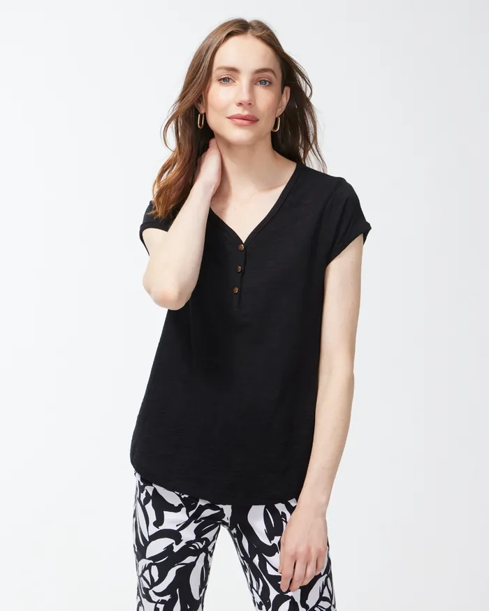 Chico039s Cap Sleeve Henley Tee Black Women Tops
