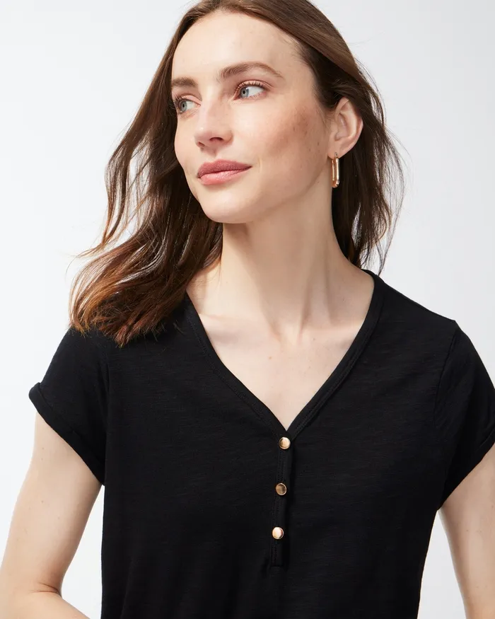 Chico039s Cap Sleeve Henley Tee Black Women Tops