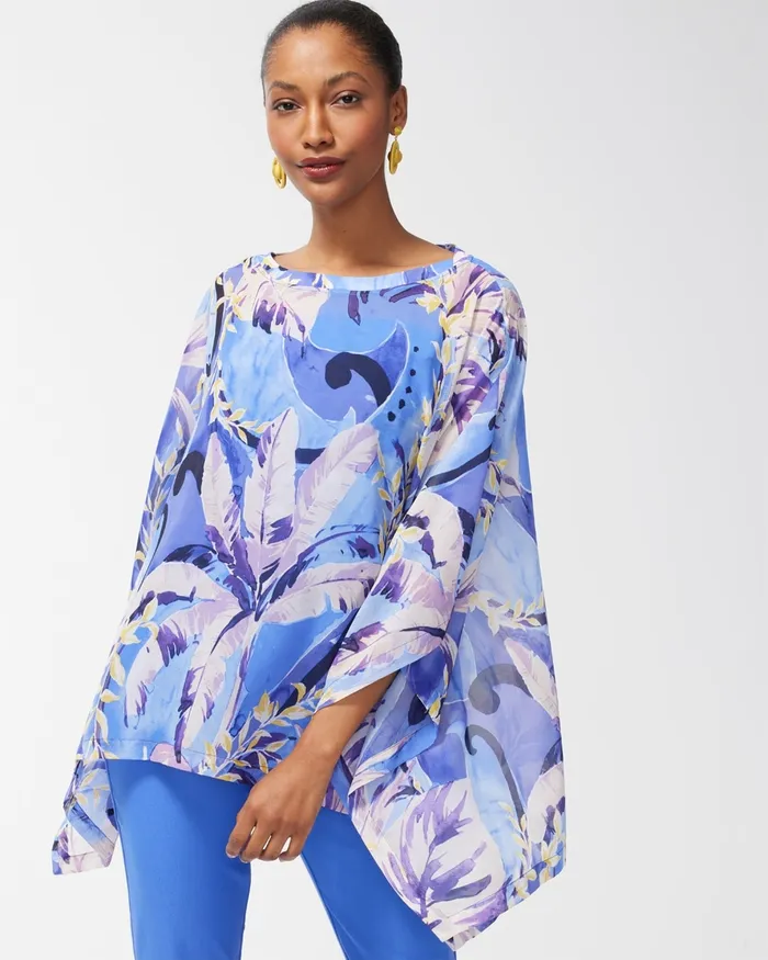 Chico039s Cool Floral Print Poncho Amparo Blue Women Tops
