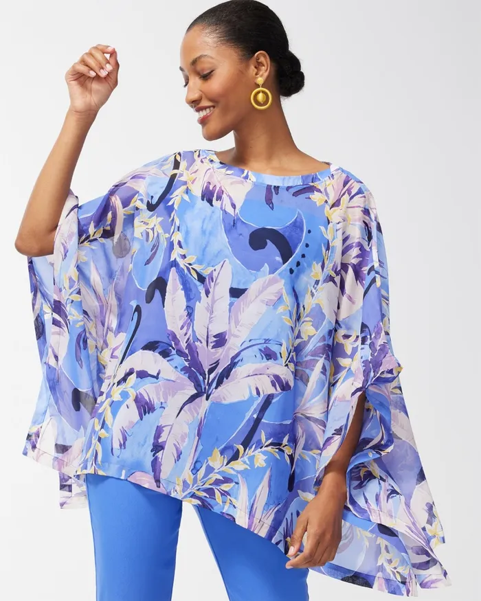Chico039s Cool Floral Print Poncho Amparo Blue Women Tops