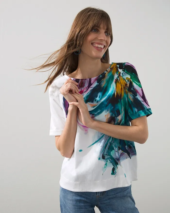 Chico039s Cotton Blend Abstract Knit Tee Alabaster Women Tees