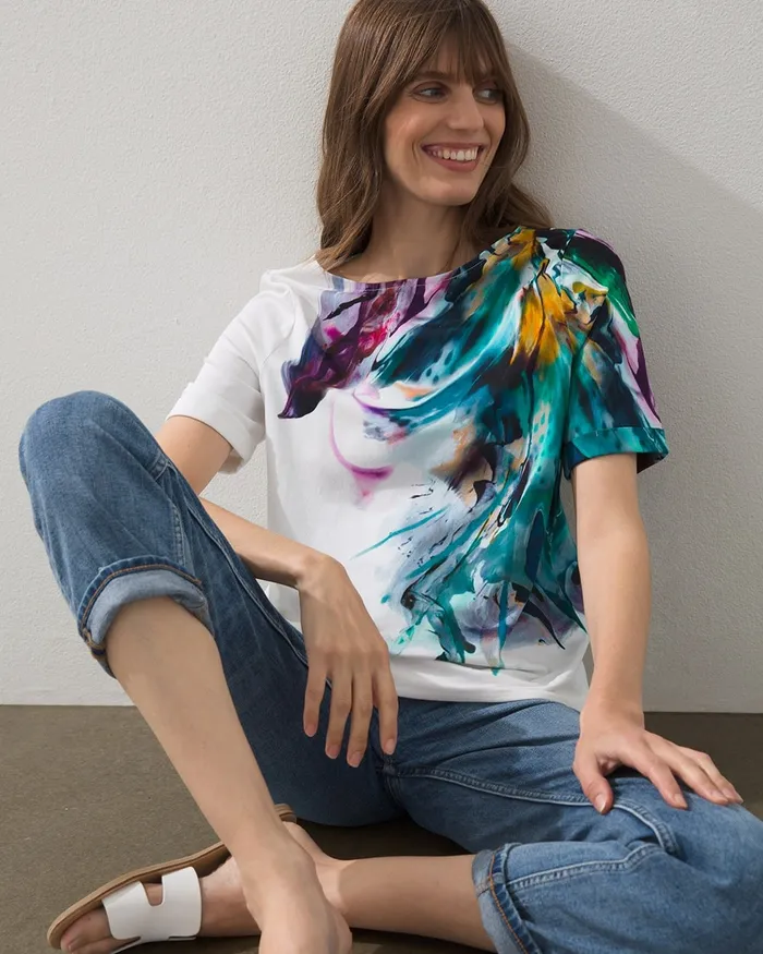 Chico039s Cotton Blend Abstract Knit Tee Alabaster Women Tees