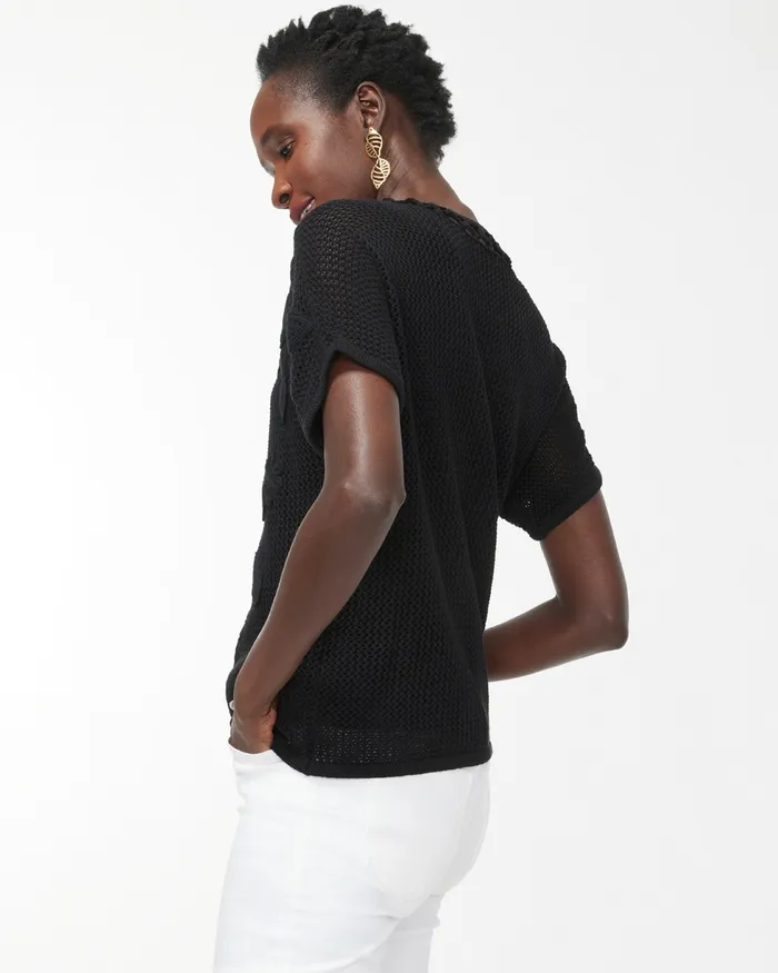 Chico039s Crochet Applique Sweater Black Women Sweaters