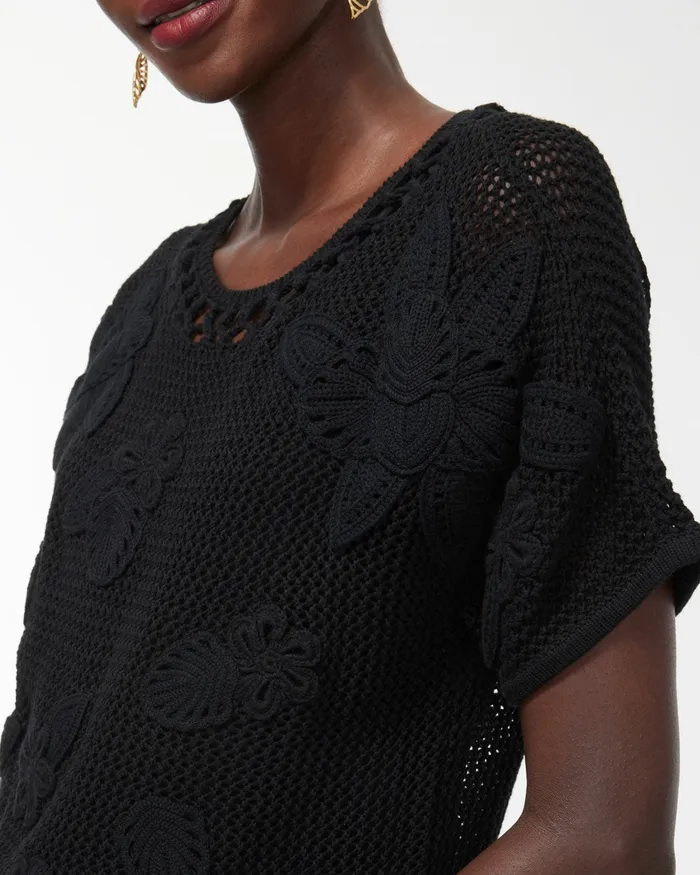 Chico039s Crochet Applique Sweater Black Women Sweaters