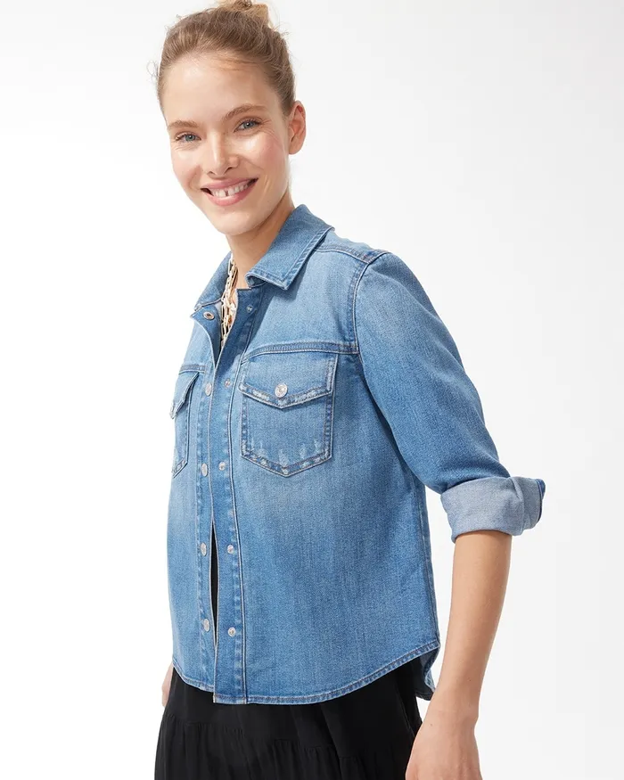 Chico039s Cropped Denim Jacket Blarney Indigo Women Jackets and Coats