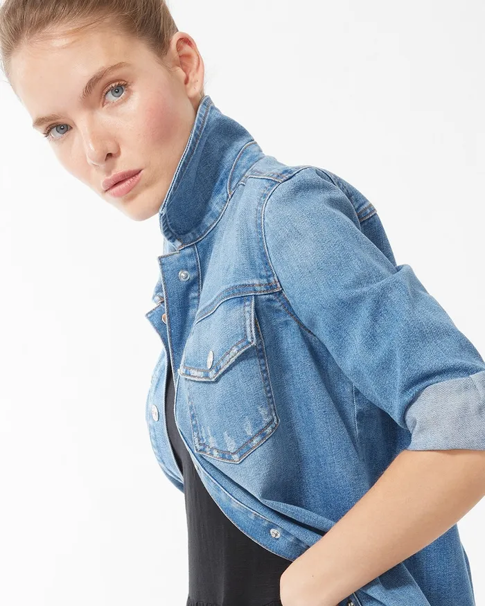 Chico039s Cropped Denim Jacket Blarney Indigo Women Jackets and Coats